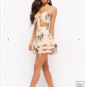 Tropical Parrot Print Ruffle Top and Skirt Set